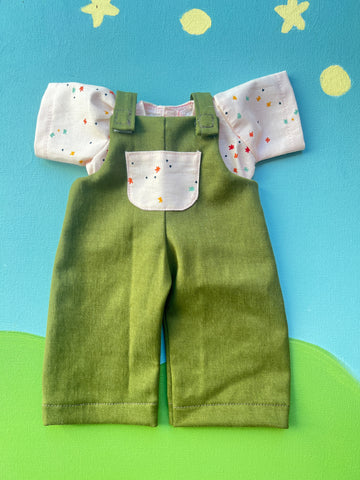 Little Friend / Cuddle Doll Overalls -  Green and Pink