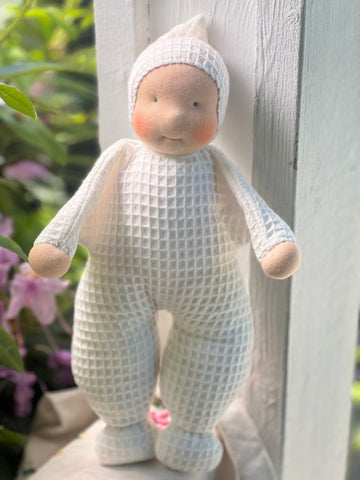 Little Snuggle Doll -  White Cotton Waffle (Blue Eyes)