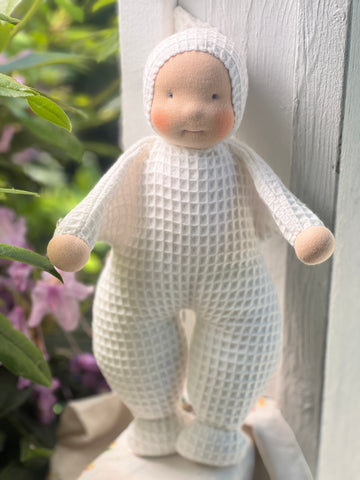 Little Snuggle Doll - White Cotton Waffle  ( Blue Eyes)