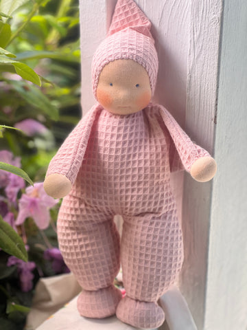 Little Snuggle Doll - Pink Cotton Waffle  (Blue Eyes)